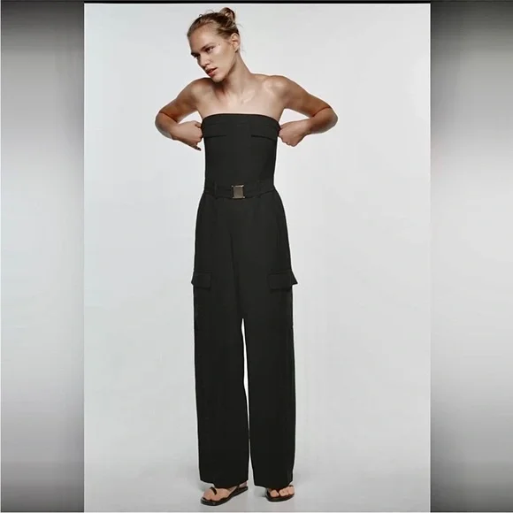 Zara belted black cargo pocket side strapless jumpsuit - Picture 5 of 8